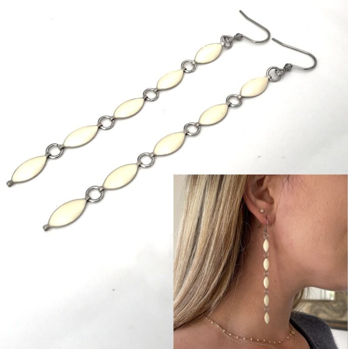 N7884c Boucles d'oreilles pendantes blanches acier inoxydable - Bijoux Boucle d'oreille en ligne Ninanina