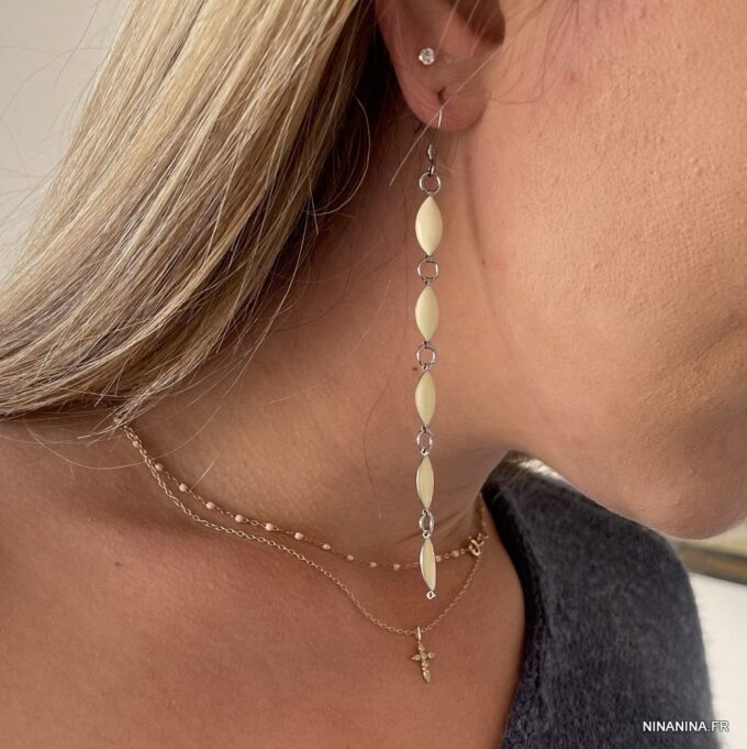 N7884d Boucles d'oreilles pendantes blanches acier inoxydable - Bijoux Boucle d'oreille en ligne Ninanina