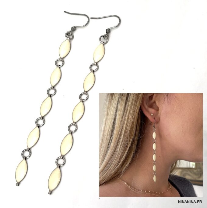 N7884e Boucles d'oreilles pendantes blanches acier inoxydable - Bijoux Boucle d'oreille en ligne Ninanina