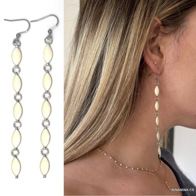 N7884g Boucles d'oreilles pendantes blanches acier inoxydable - Bijoux Boucle d'oreille en ligne Ninanina