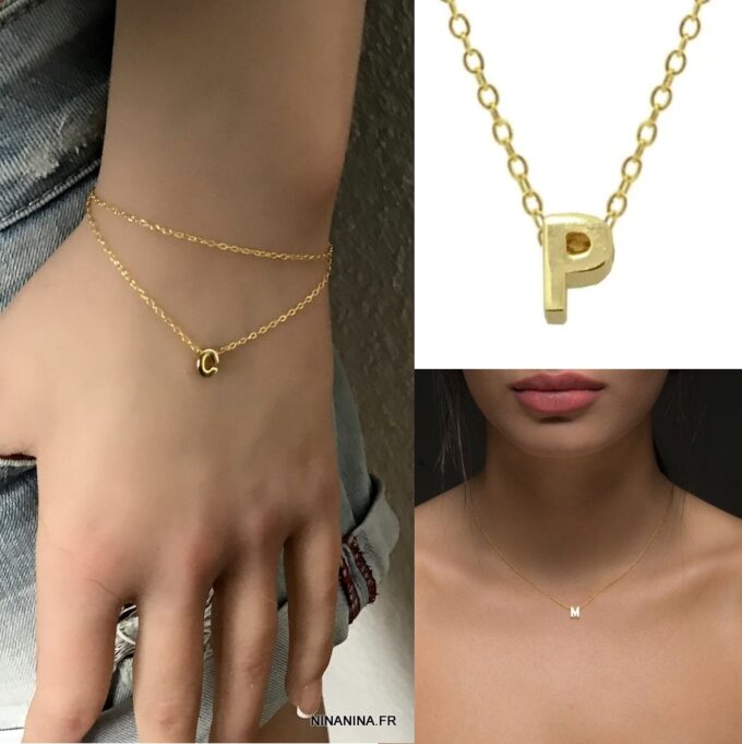 N7913m Bracelet Initiale Femme Argent Plaqué Or Double Tour - Bijoux Bracelets en ligne Ninanina