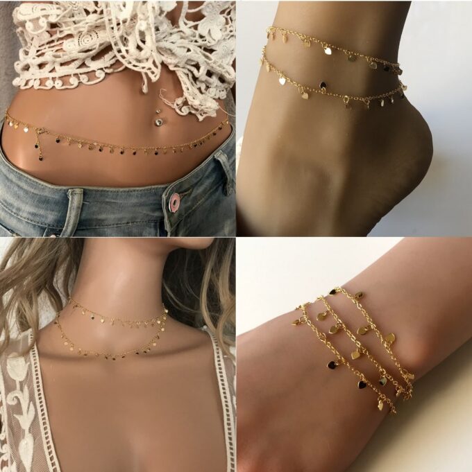 N7914a Chaine De Tailles Or Plaqué Gold Filled Breloque Coeur - Bijoux de corps en ligne Ninanina