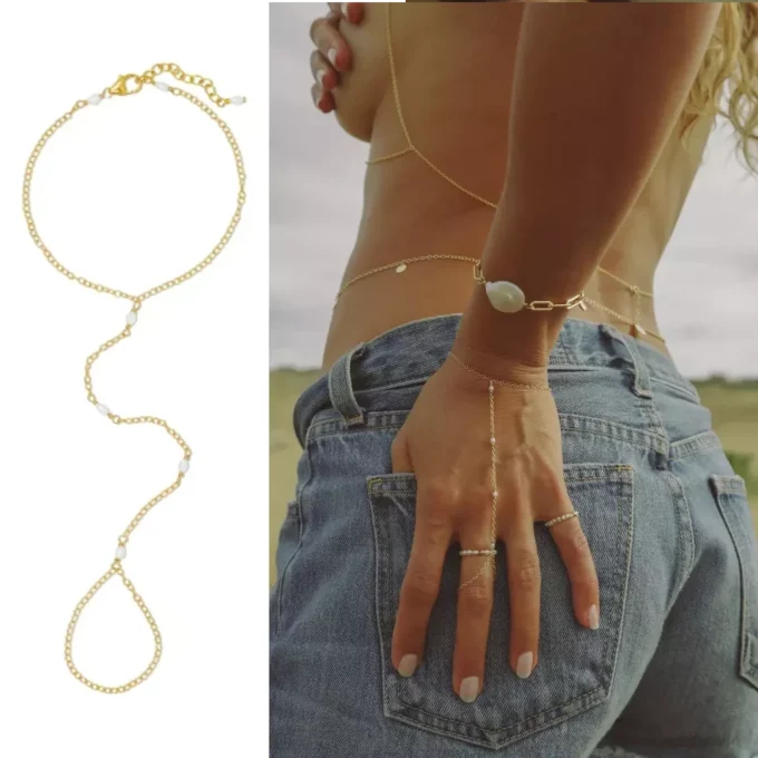 N7929a Bracelet Bague avec chaine Or et perles d'eau douce - Bijoux Bracelets en ligne Ninanina