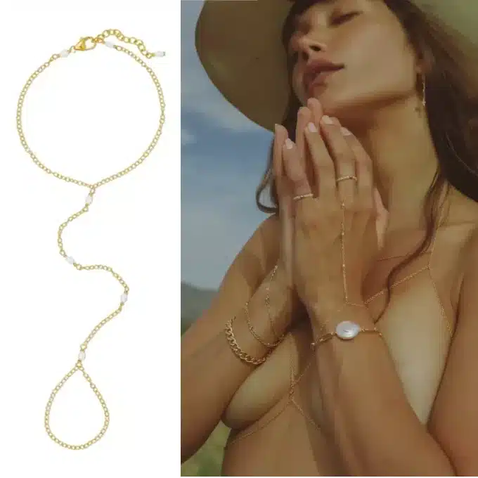 N7929B Bracelet Bague avec chaine Or plaqué gold filled et perles d'eau douce Artisanal - Bijoux de main en ligne Ninanina