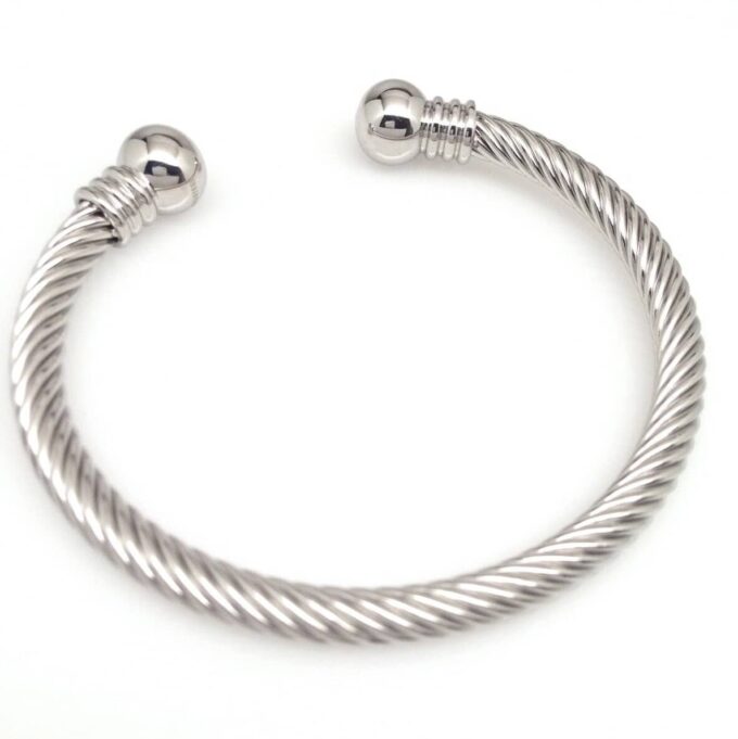 N7981c Jonc Homme Acier inoxydable argenté torsadé boules - Bijoux Bracelets en ligne Ninanina