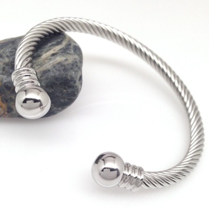 N7981d Jonc Homme Acier inoxydable argenté torsadé boules - Bijoux Bracelets en ligne Ninanina