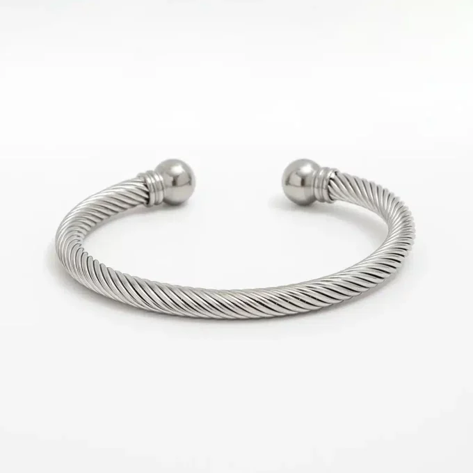 N7981e Jonc Homme Acier inoxydable argenté torsadé boules - Bijoux Bracelets en ligne Ninanina