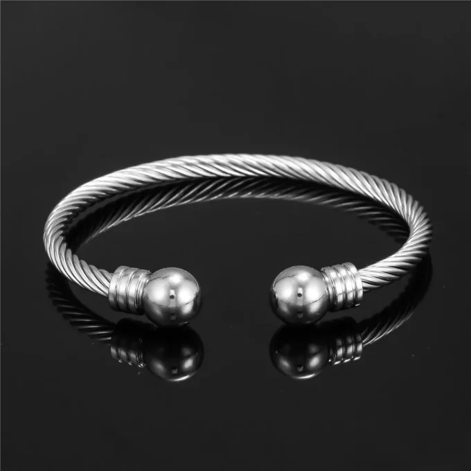 N7981h Jonc Homme Acier inoxydable argenté torsadé boules - Bijoux Bracelets en ligne Ninanina