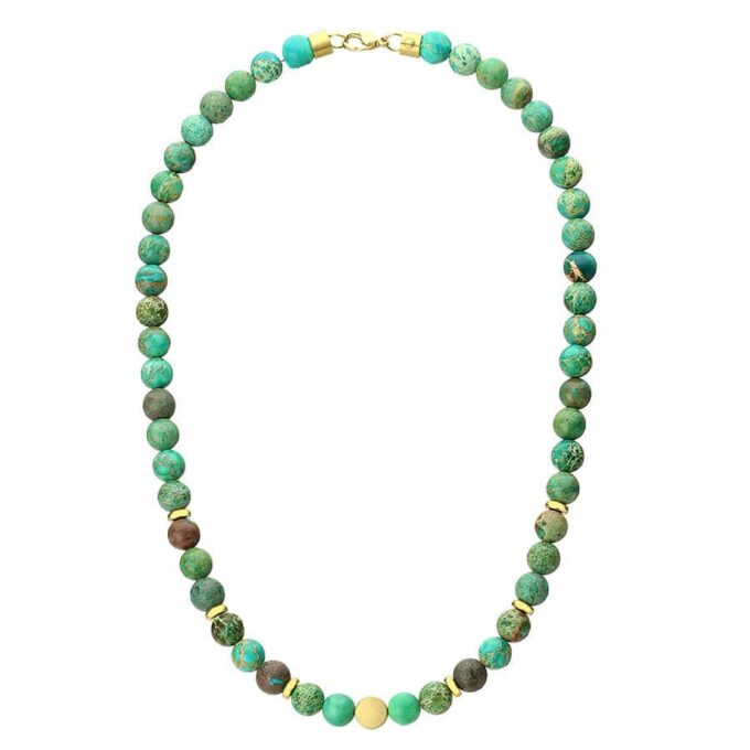 Vous allez craquer par l’élégance et la sobriété de ce Collier Jaspe Vert Homme Boules 8mm Hématite Or  ! Long de 45 cm, il se compose de perles rondes en jaspe vert et de rondelles en hématite doré et se termine par un fermoir solide qui garantit un ajustement sécurisé et confortable.