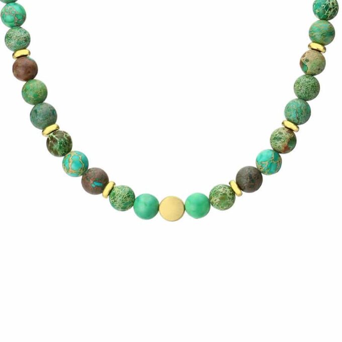 Vous allez craquer par l’élégance et la sobriété de ce Collier Jaspe Vert Homme Boules 8mm Hématite Or  ! Long de 45 cm, il se compose de perles rondes en jaspe vert et de rondelles en hématite doré et se termine par un fermoir solide qui garantit un ajustement sécurisé et confortable.