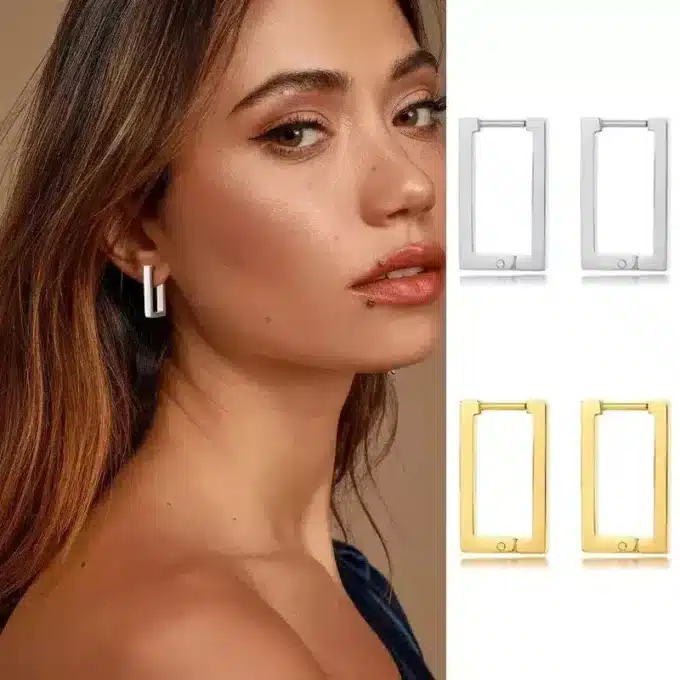 N7952e Boucles d'Oreilles rectangle acier inoxydable doré - Bijoux Boucles d'oreille en ligne Ninanina