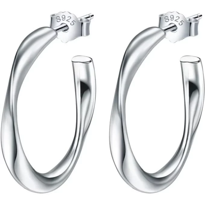 N7943 Creoles argent larges bords torsadés et ovales - Bijoux Boucles d'oreilles en ligne Ninanina