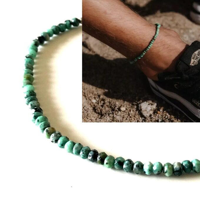 N8013b Bracelet cheville homme bleu turquoise pierre jaspe pois - Bijoux de pieds en ligne Ninanina