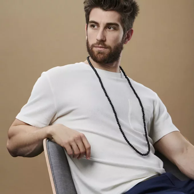 N8034d Collier perle bois homme 6mm noir long personnalisable - Bijoux Colliers en ligne Ninanina