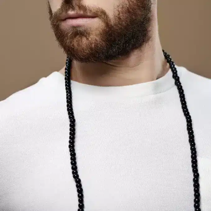 N8034e Collier perle bois homme 6mm noir long personnalisable - Bijoux Colliers en ligne Ninanina