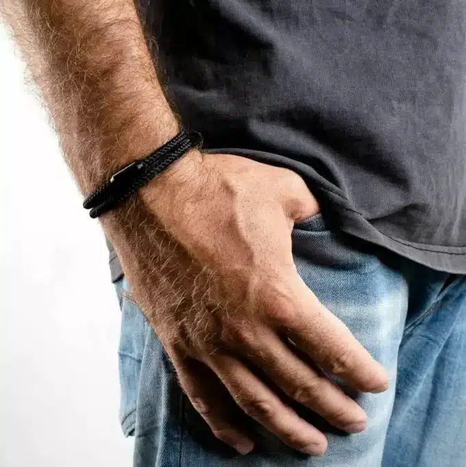 N8051 Bracelet tressé cuir homme double tours acier noir - Bijoux Bracelets Hommes en ligne Ninanina