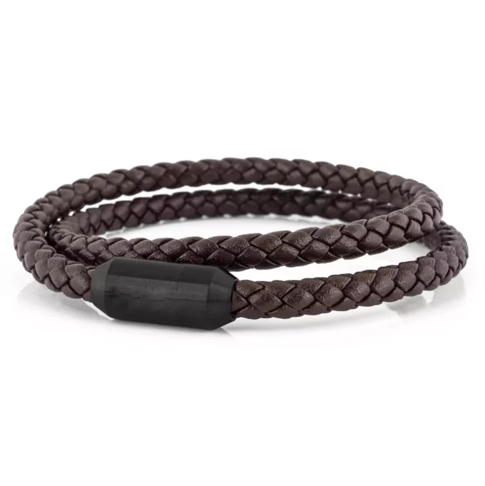 N8051A Bracelet tressé cuir homme double tours acier noir - Bijoux Bracelets en ligne Ninanina