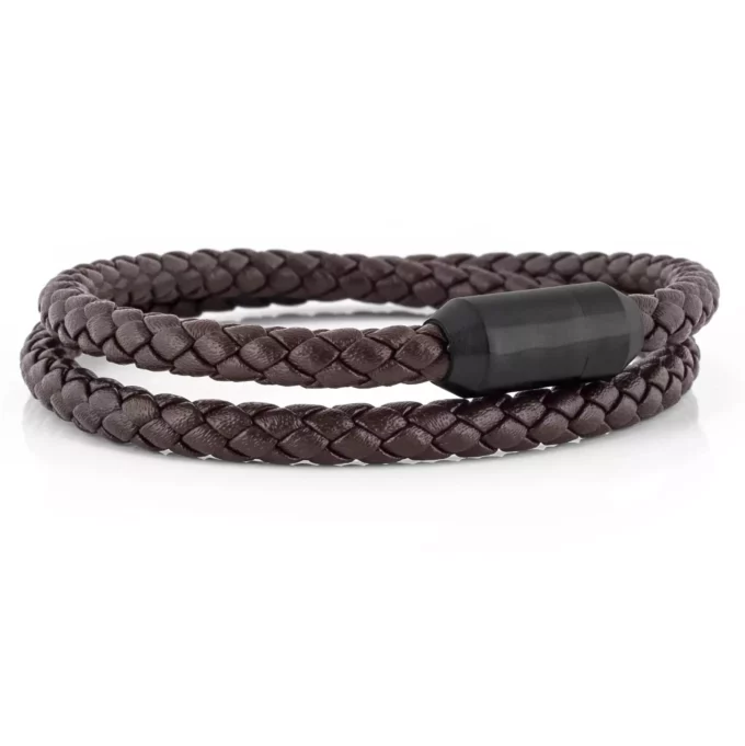 N8051B Bracelet tressé cuir homme double tours acier noir - Bijoux Bracelets en ligne Ninanina