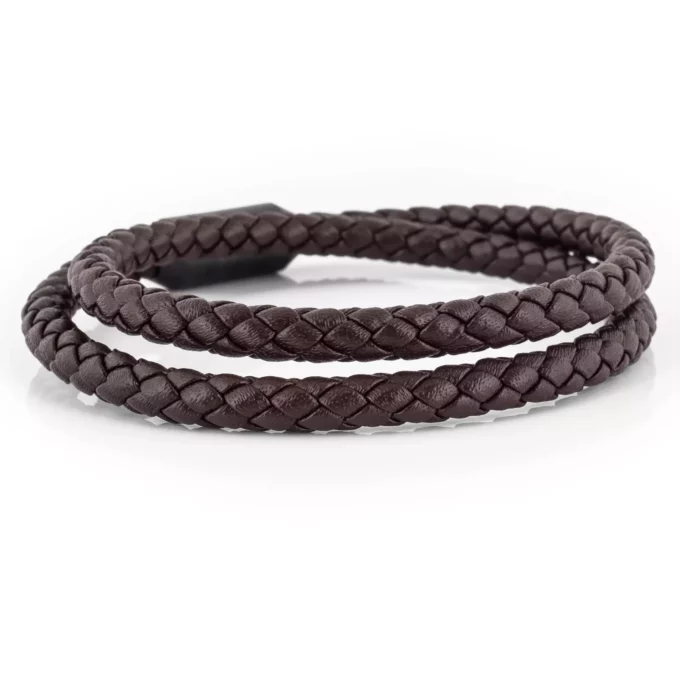 N8051c Bracelet tressé cuir homme double tours acier noir - Bijoux Bracelets en ligne Ninanina
