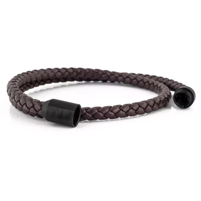 N8051d Bracelet tressé cuir homme double tours acier noir - Bijoux Bracelets en ligne Ninanina