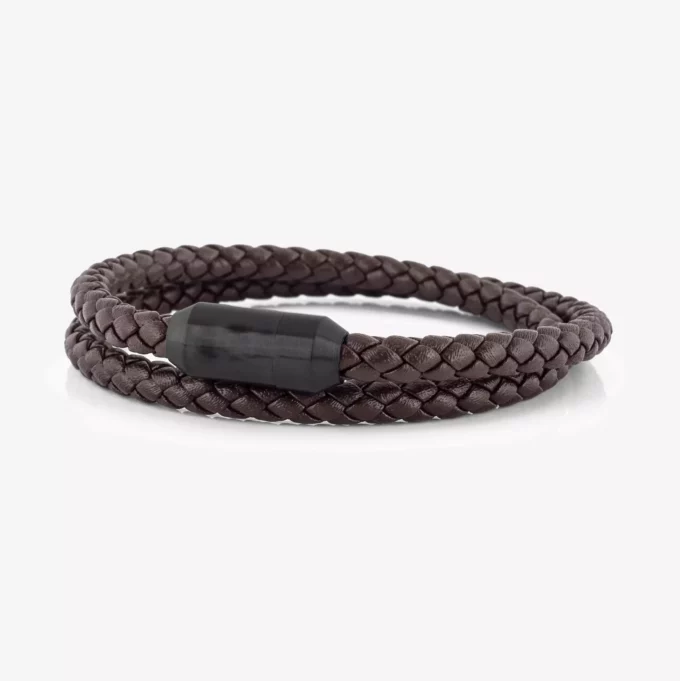 N8051e Bracelet tressé cuir homme double tours acier noir - Bijoux Bracelets en ligne Ninanina