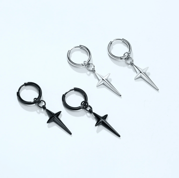 N8062e Boucle d'oreille avec une croix quatre pointes Homme Acier - Bijoux Boucles d'oreilles en ligne Ninanina