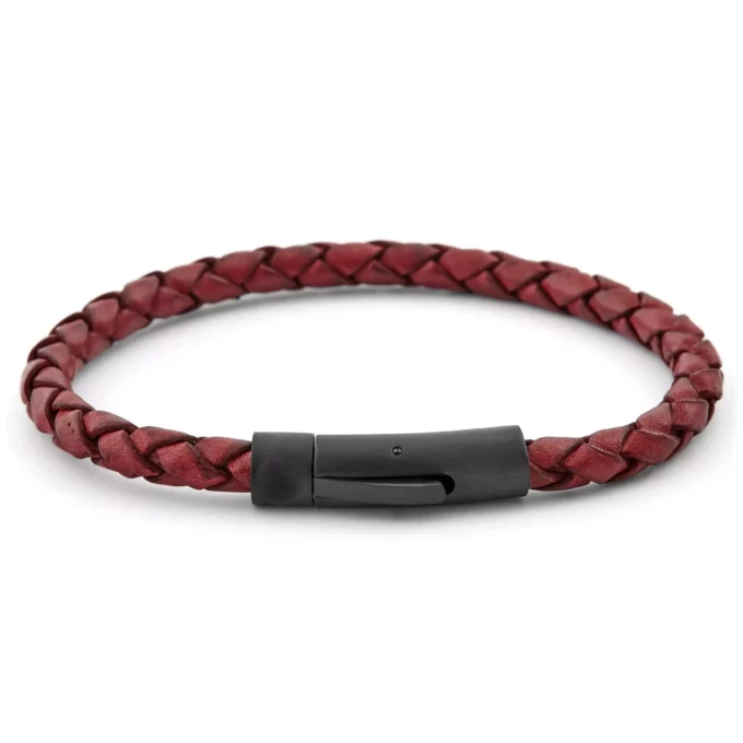 N8069 Bracelet homme cuir rouge tressé fermoir acier noir - Bijoux Bracelets en ligne Ninanina