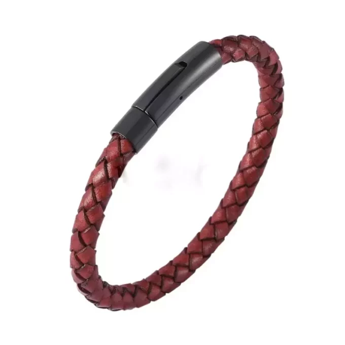 N8069d Bracelet homme cuir rouge tressé fermoir acier noir - Bijoux Bracelets en ligne Ninanina