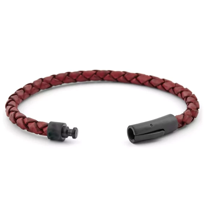 N8069f Bracelet homme cuir rouge tressé fermoir acier noir - Bijoux Bracelets en ligne Ninanina