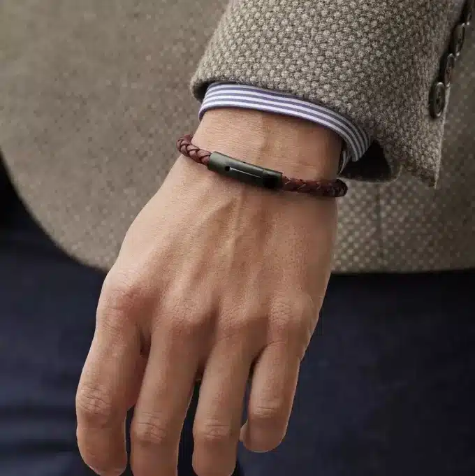N8069g Bracelet homme cuir rouge tressé fermoir acier noir - Bijoux Bracelets en ligne Ninanina