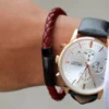 N8069h Bracelet homme cuir rouge tressé fermoir acier noir - Bijoux Bracelets en ligne Ninanina