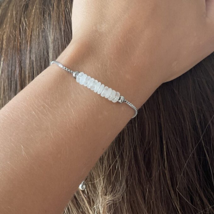 N8081b Bracelet en jade blanc acier inoxydable argent réglable - Bijoux Bracelets en ligne Ninanina