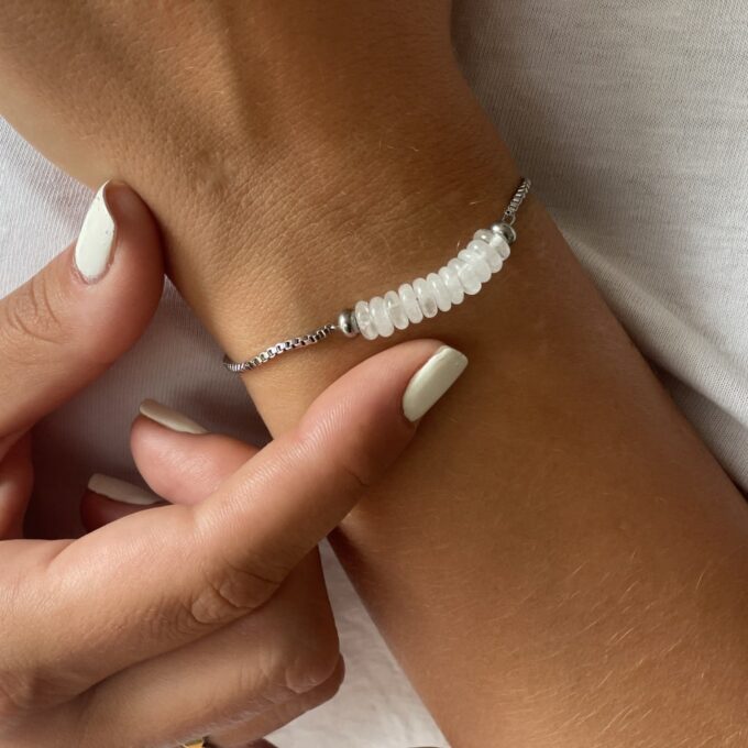 N8081c Bracelet en jade blanc acier inoxydable argent réglable - Bijoux Bracelets en ligne Ninanina