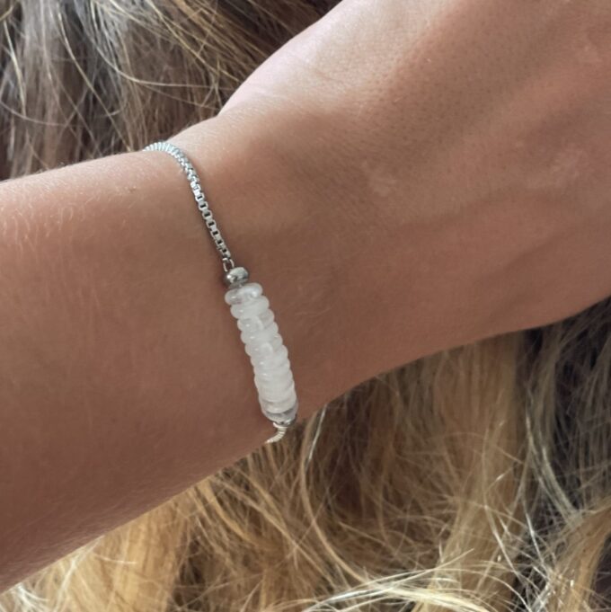 N8081e Bracelet en jade blanc acier inoxydable argent réglable - Bijoux Bracelets en ligne Ninanina