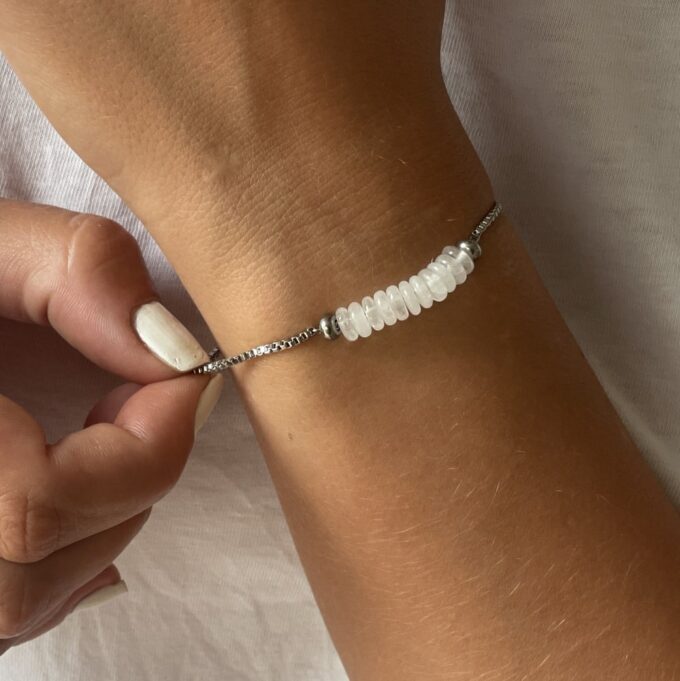 N8081f Bracelet en jade blanc acier inoxydable argent réglable - Bijoux Bracelets en ligne Ninanina