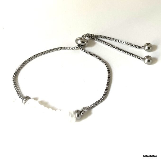 N8081G Bracelet en jade blanc acier inoxydable argent réglable - Bijoux Bracelets en ligne Ninanina