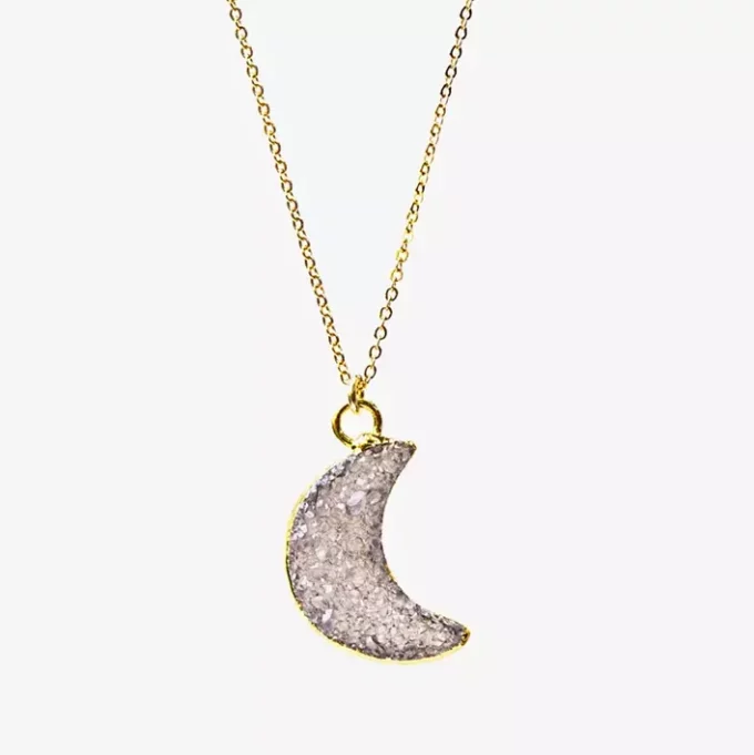N8093 Collier Lune Agate Druzy Or Laminé ou Acier Doré - Bijoux Colliers en ligne Ninanina