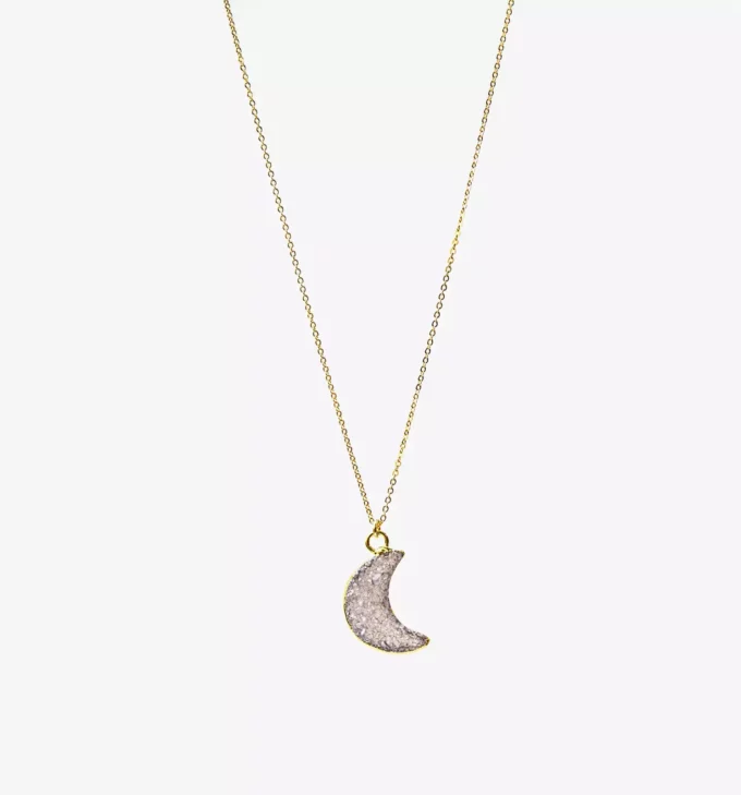 N8093d Collier Lune Agate Druzy Or Laminé ou Acier Doré - Bijoux Colliers en ligne Ninanina
