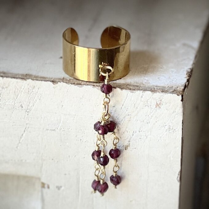 N8102f Bague Breloque Doré Acier et Pompon en Pierre Grenat - Bijoux Bagues en ligne Ninanina