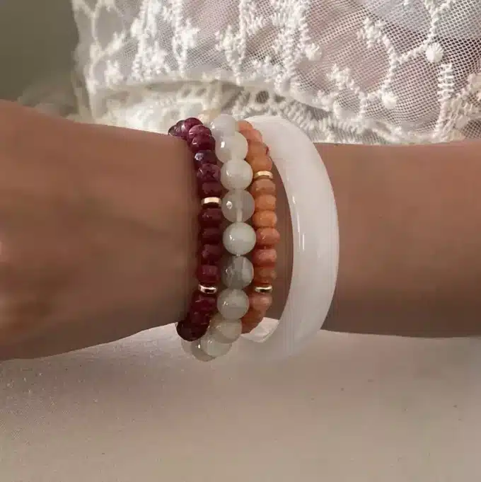 N8084 Bracelet Pierre Rose Fushia Calcédoine Hématite Doré - Bijoux Bracelets en ligne Ninanina