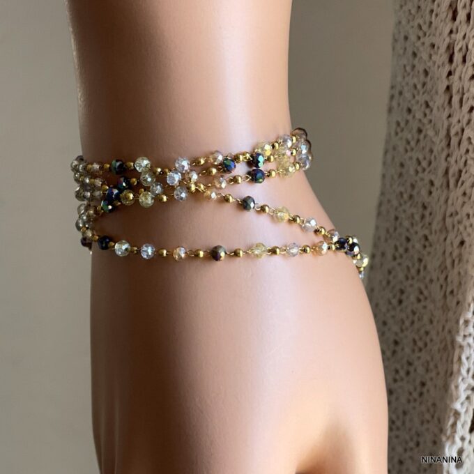 N8121A Chaine De tailles Or Perles Colorées Cristal Acier Doré - Bijoux de corps en ligne NInanina