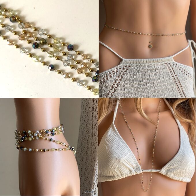 N8121C Chaine De tailles Or Perles Colorées Cristal Acier Doré - Bijoux de corps en ligne NInanina
