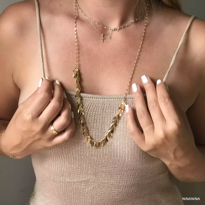 N8123 Sautoir Collier Long Or Feuilles Acier Inox Et Laiton Doré - Bijoux Colliers en ligne Ninanina
