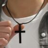 N8150b Collier Croix Noire Pendentif Acier Inoxydable Homme - Bijoux Colliers en ligne Ninanina