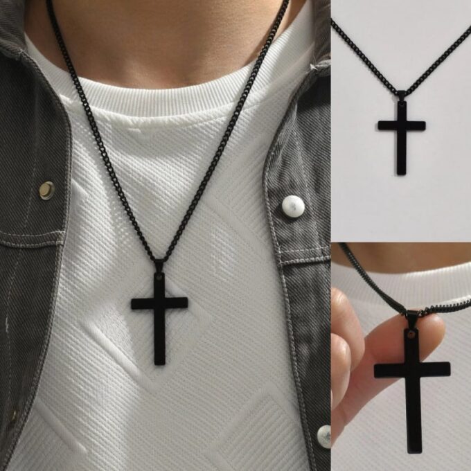 N8150d Collier Croix Noire Pendentif Acier Inoxydable Homme - Bijoux Colliers en ligne Ninanina