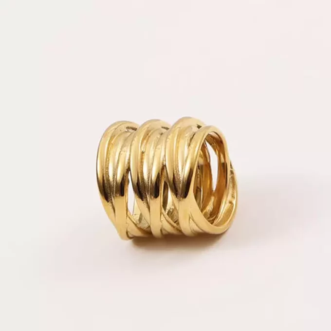 Bague en acier inoxydable doré pour femme avec design large et multi rang posé sur fond blanc - Bijou raffiné et intemporel