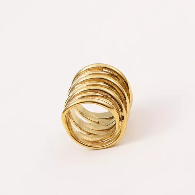 Zoom sur la bague large pour femme en finition or avec plusieurs rangs sur fond blanc - Accessoire chic en acier inoxydable