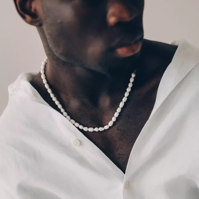 N8177 Collier Perle Pour Homme Blanche Eau Douce Naturelle - Bijoux Colliers en ligne Ninanina