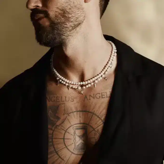 N8178d Collier Homme En Perle Blanche Eau Douce Véritable - Bijoux Colliers Hommes en ligne Ninanina