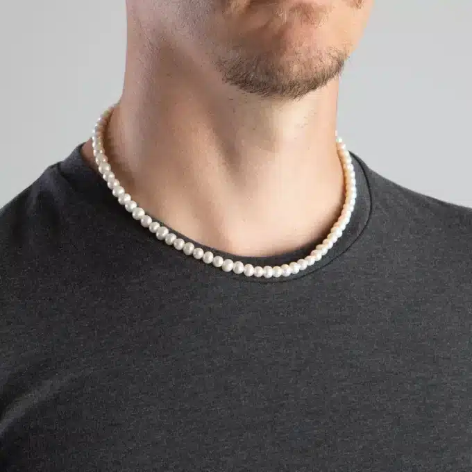 N8178f Collier Homme En Perle Blanche Eau Douce Véritable - Bijoux Colliers Hommes en ligne Ninanina